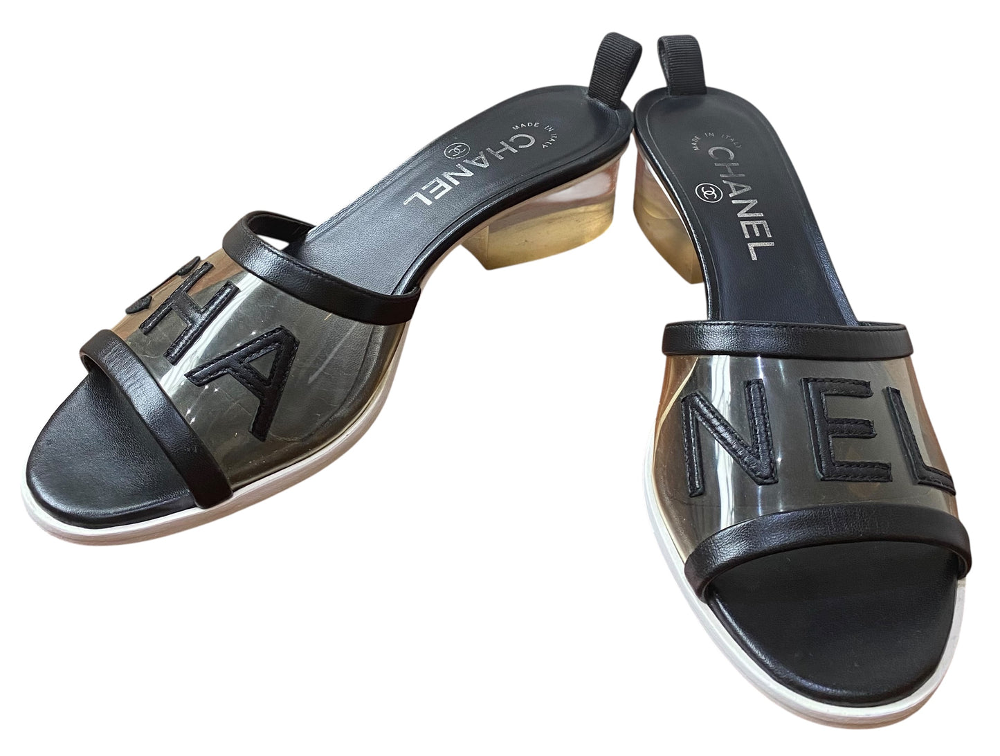 Chanel 19S Runway PVC Black Leather Letters Resin Block Heel Mule Slides EU 37.5C