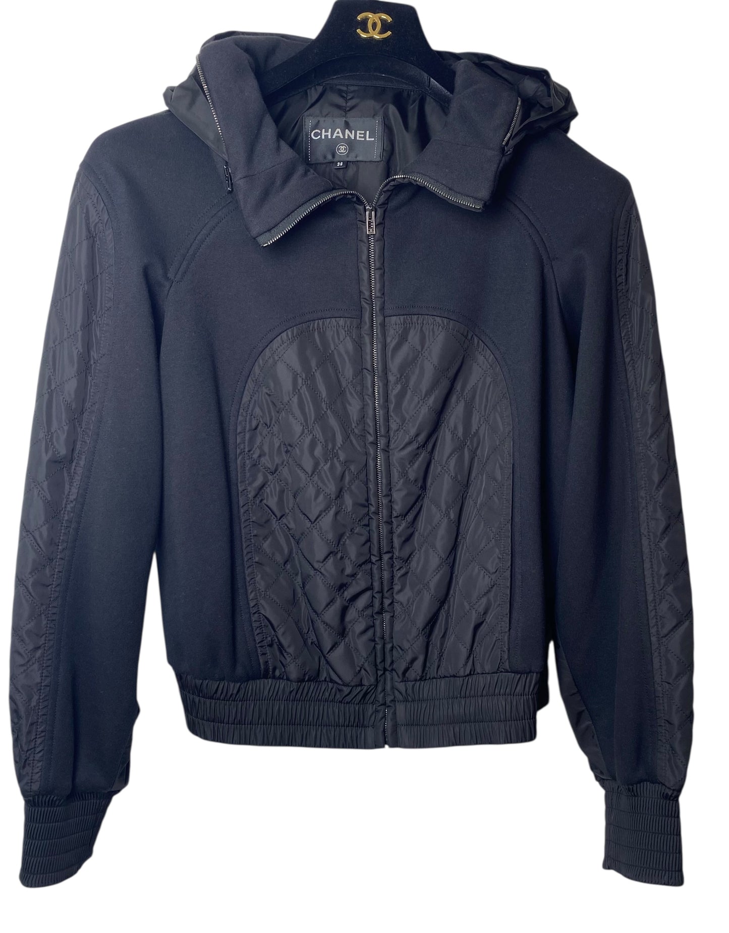 Chanel 2019 Black Hoodie Zip Up Bomber Quilted Sport Jacket FR 38