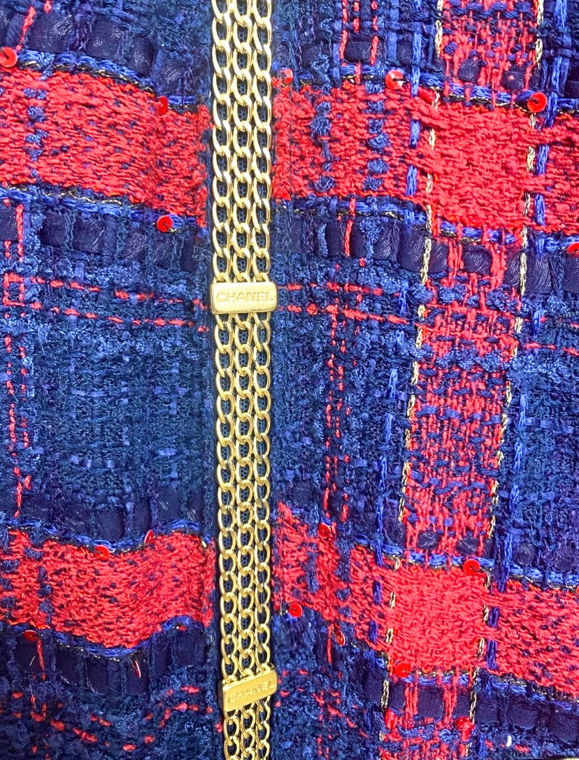 RARE CHANEL 08P RUNWAY BLUE RED GOLD CC MULTI CHAINS TWEED JACKET FR 44