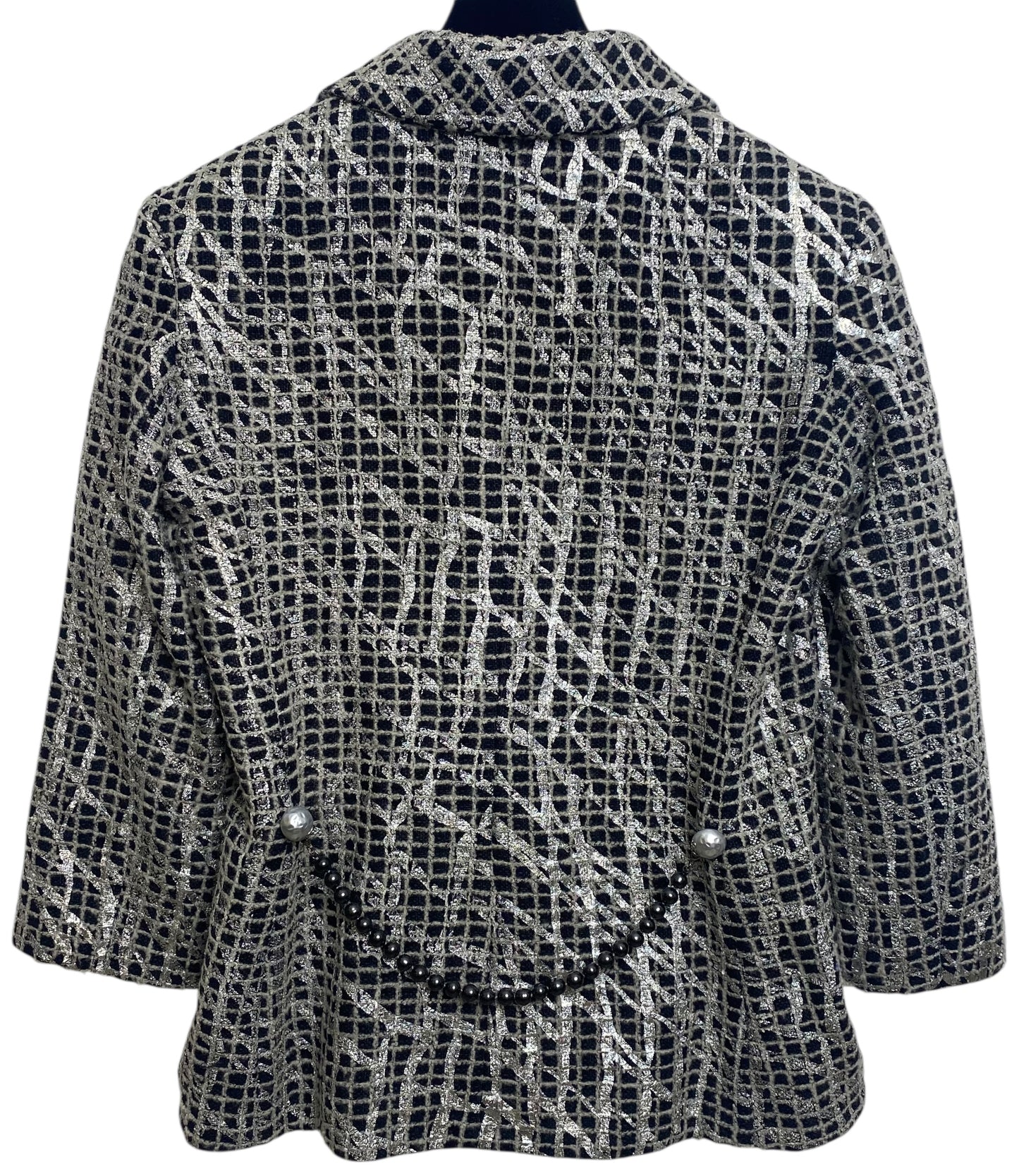 Chanel 12P Double Breasted Silver Metallic Graffiti Black Removable Pearls Jacket FR 36