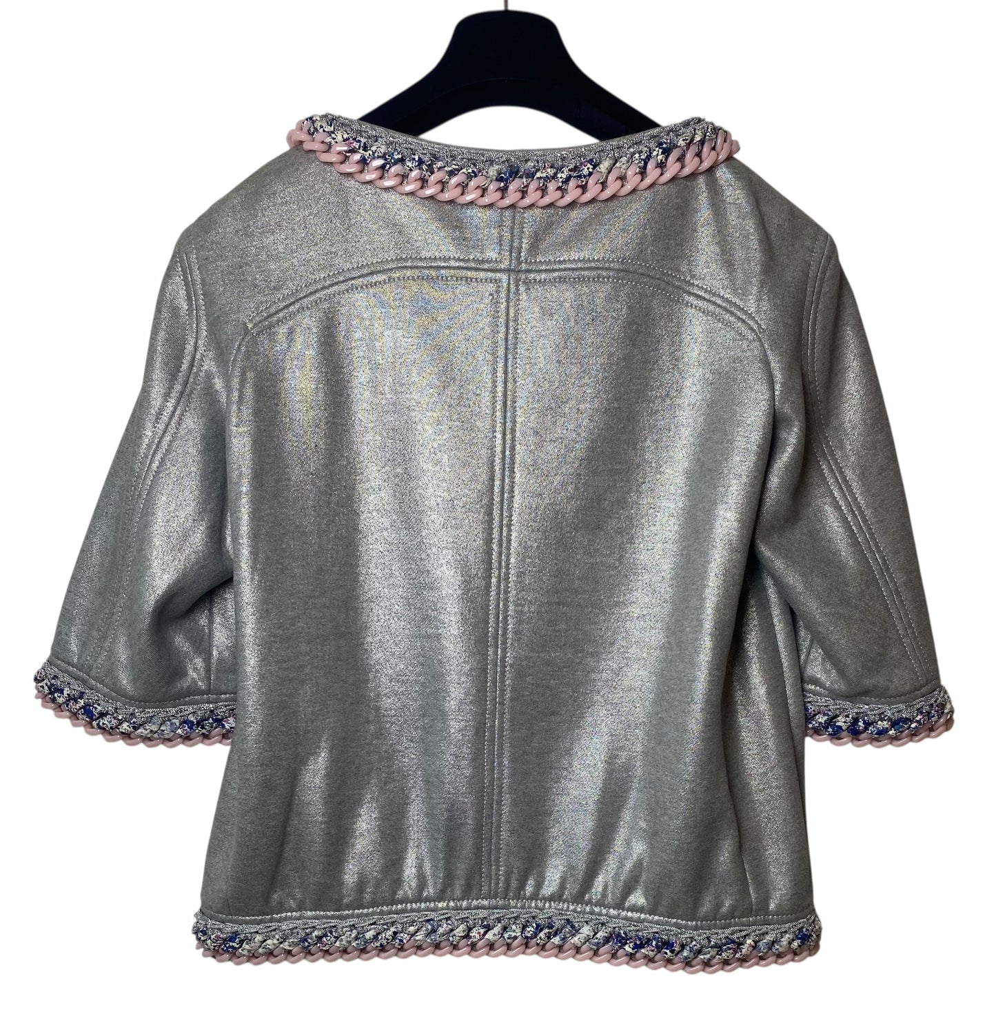 Chanel 2014 Supermarket Metallic Silver Grey Bomber Jacket Tweed and Lucite Pink Trim FR 38