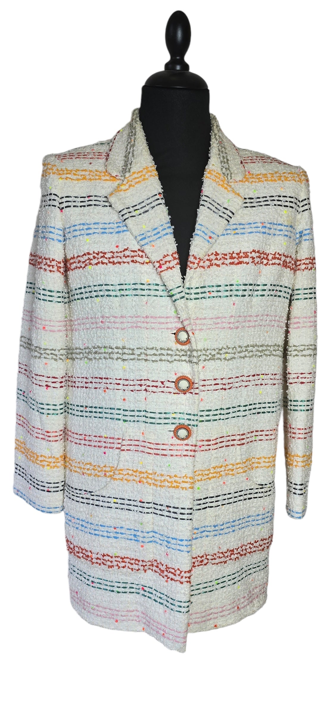 Chanel 19P Runway Oversized Tweed White Striped Long Jacket Coat FR 38