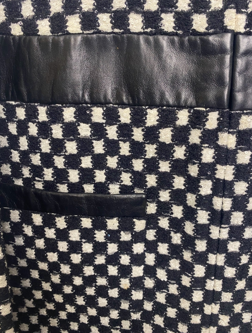 Chanel 17B Metropolitan Checker Sequin Leather Trim Zip Up Jacket FR 42