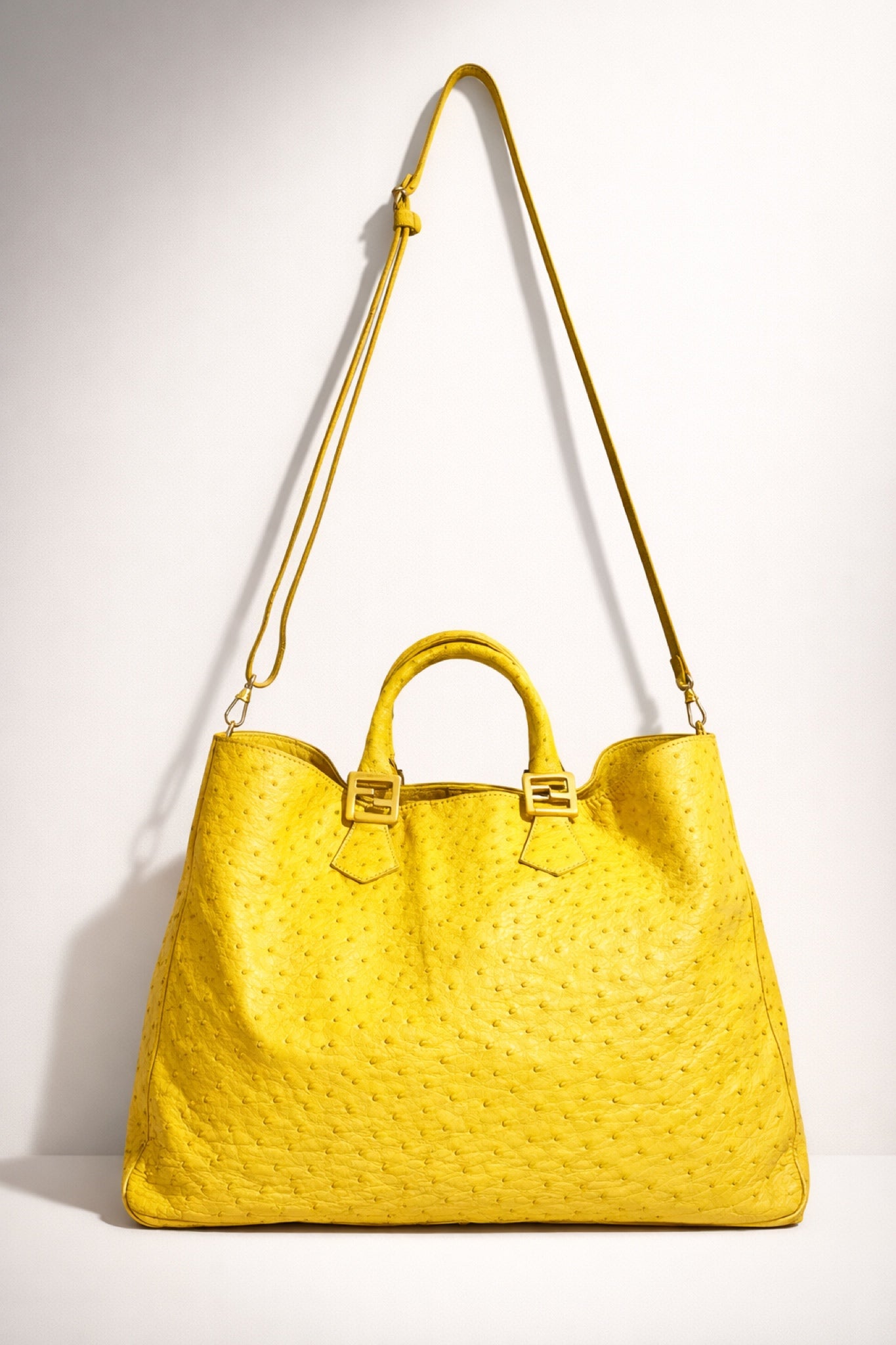 Rare Fendi Vintage Yellow Ostrich Twins Tote Gold Hardware