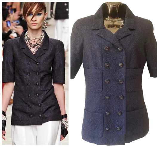 Chanel 14C Dark Navy Black Camellia Jacquard Double Jacket FR 38