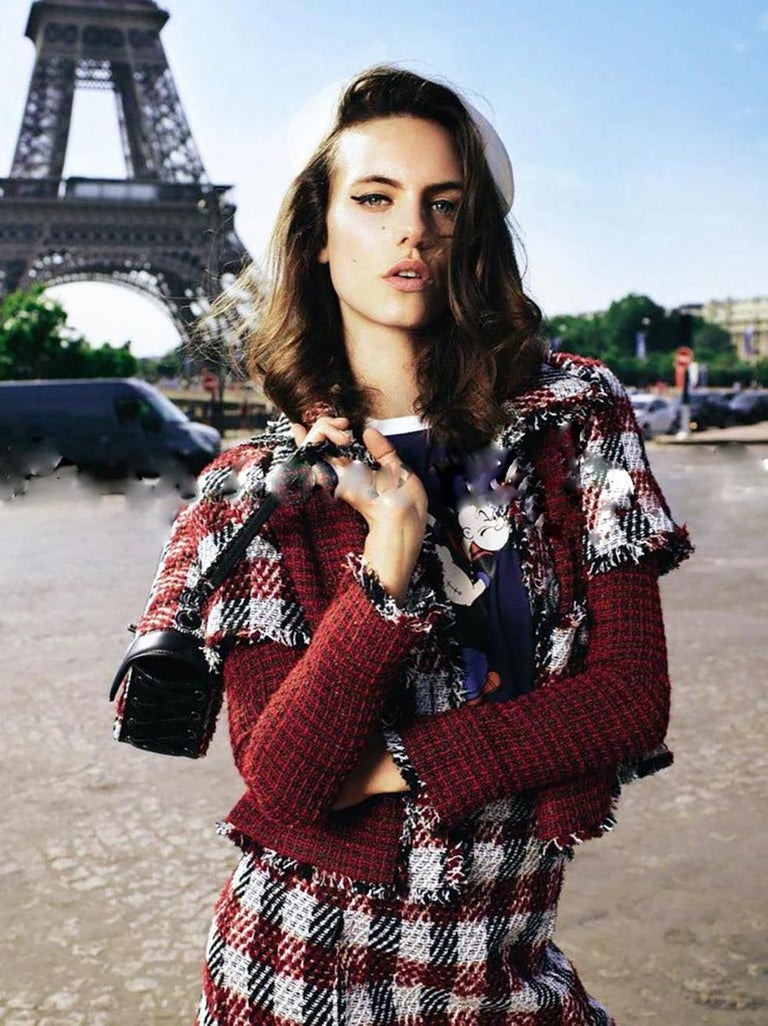 Chanel 16A Runway Burgundy Plaid Tweed Fringe Jacket FR 40