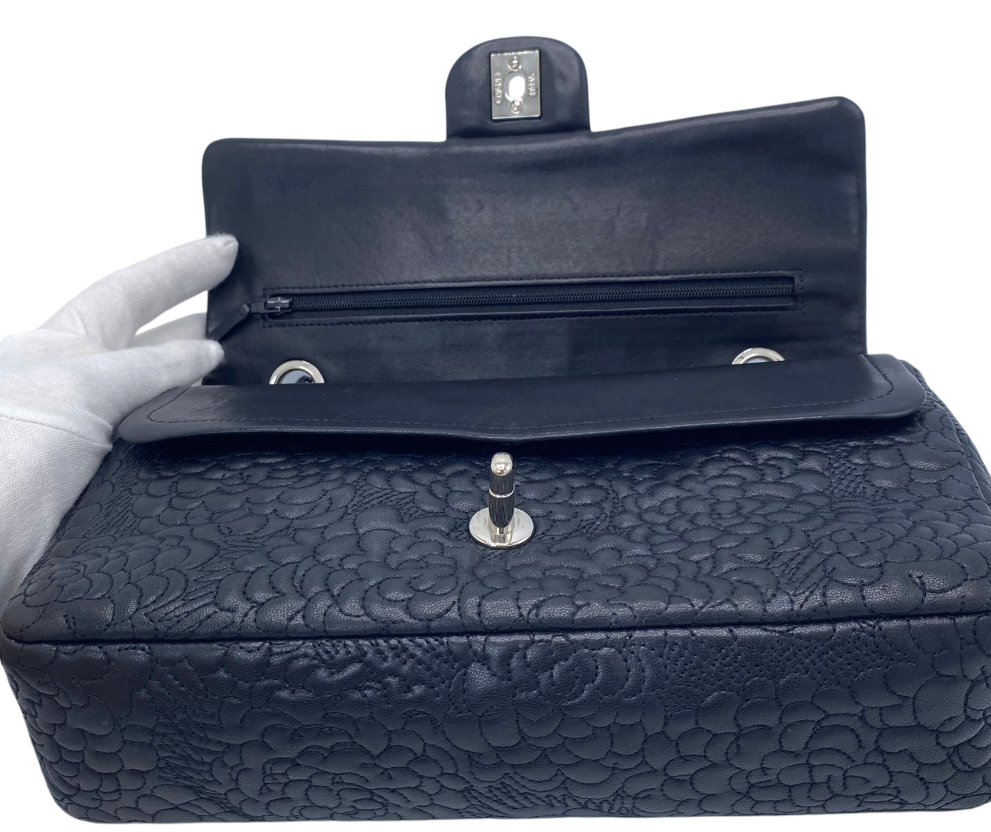 Chanel Black Camellia Embossed Lambskin Classic Timeless Medium Double Flap Bag SHW