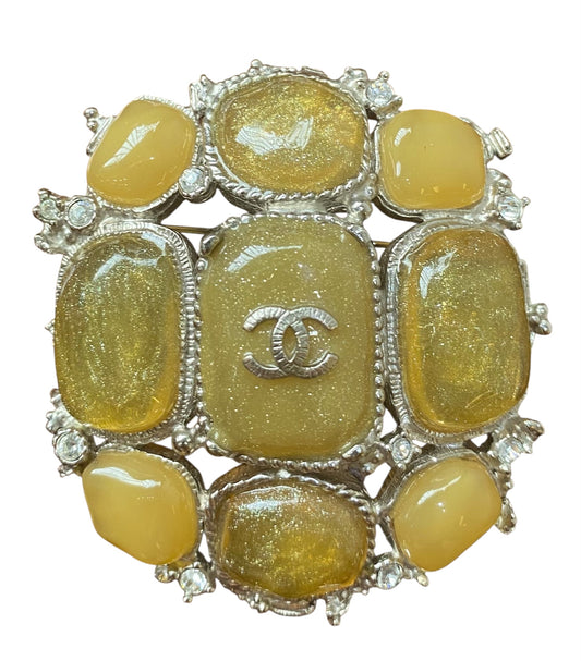 Chanel 10A XL CC Yellow Cabochon Stones Gold Crystals Brooch