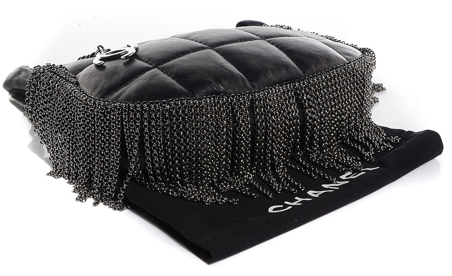 Rare Chanel 02A Mini Black Quilted Lambskin Silver CC Chain Fringe Bag