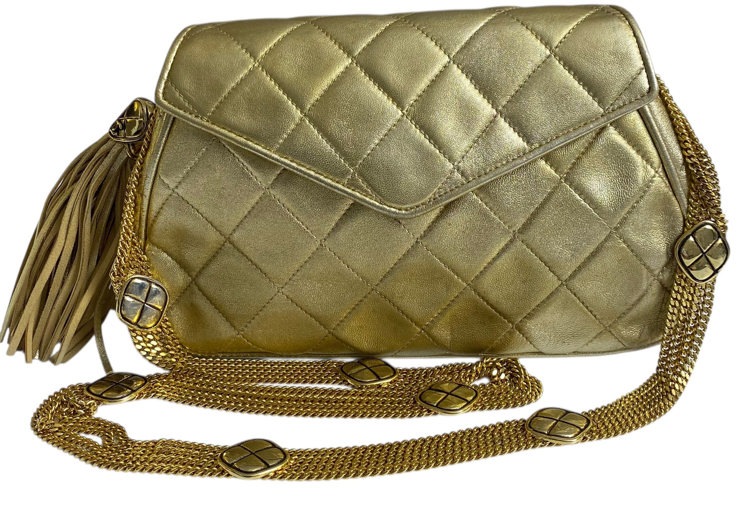 Rare 90’s Chanel Vintage Gold Quilted Lambskin Leather Multi Chain Jewelry Tassel Bag