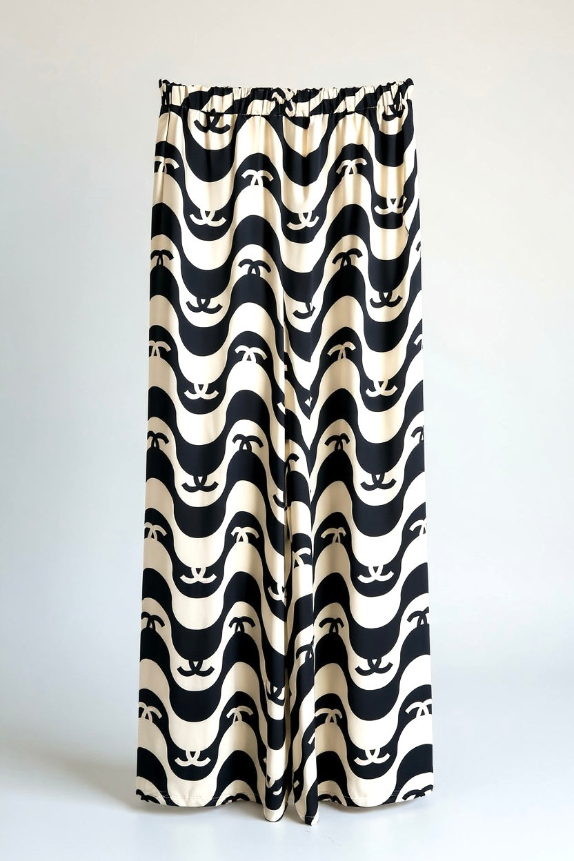 Iconic Chanel 21P CC Wave Black Ecru Silk Wide Leg Pants FR 42