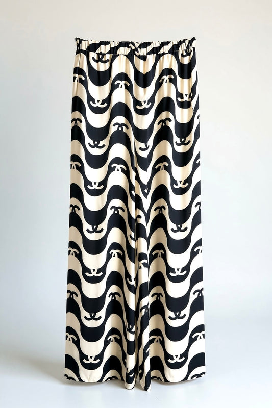 Iconic Chanel 21P CC Wave Black Ecru Silk Wide Leg Pants FR 42