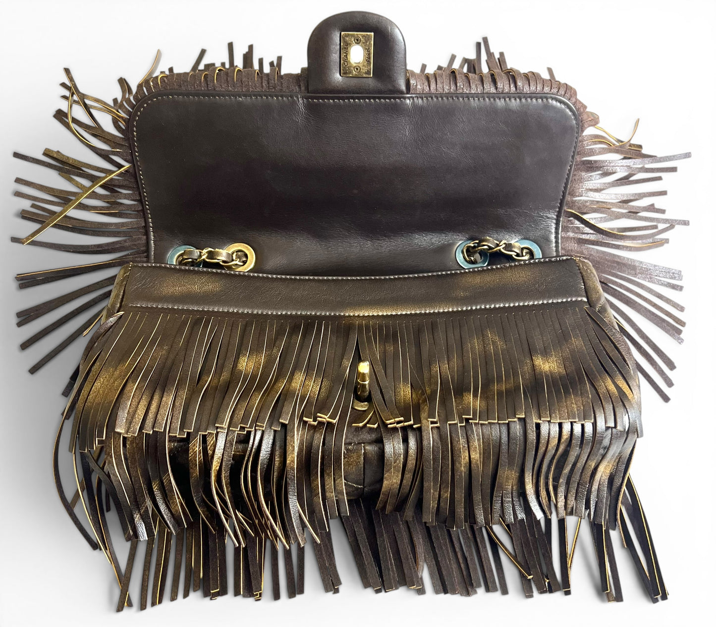 Rare Chanel 14A Paris Dallas Medium Brown Metallic Leather Fringe Classic Flap Bag