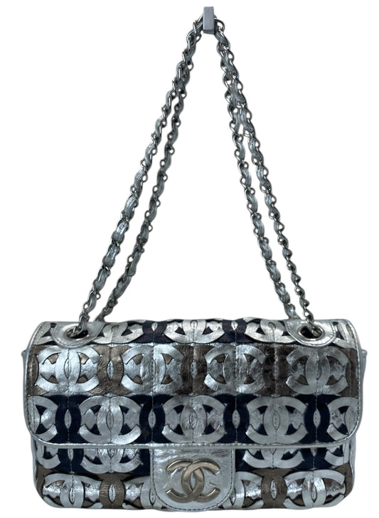 Chanel 08P CC Cutout Silver Metallic Limited Edition Medium Flap Bag