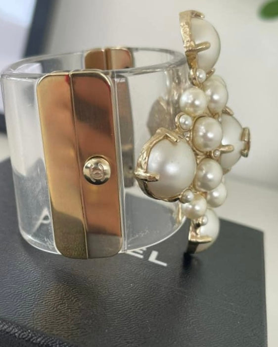 Rare Chanel 13S CC Pearl Medallion Clear Resin Cuff Bracelet
