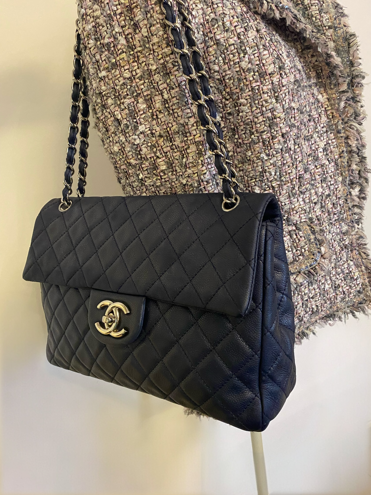 Chanel Navy Blue Soft Caviar Maxi Classic Flap Bag Silver Hardware SHW