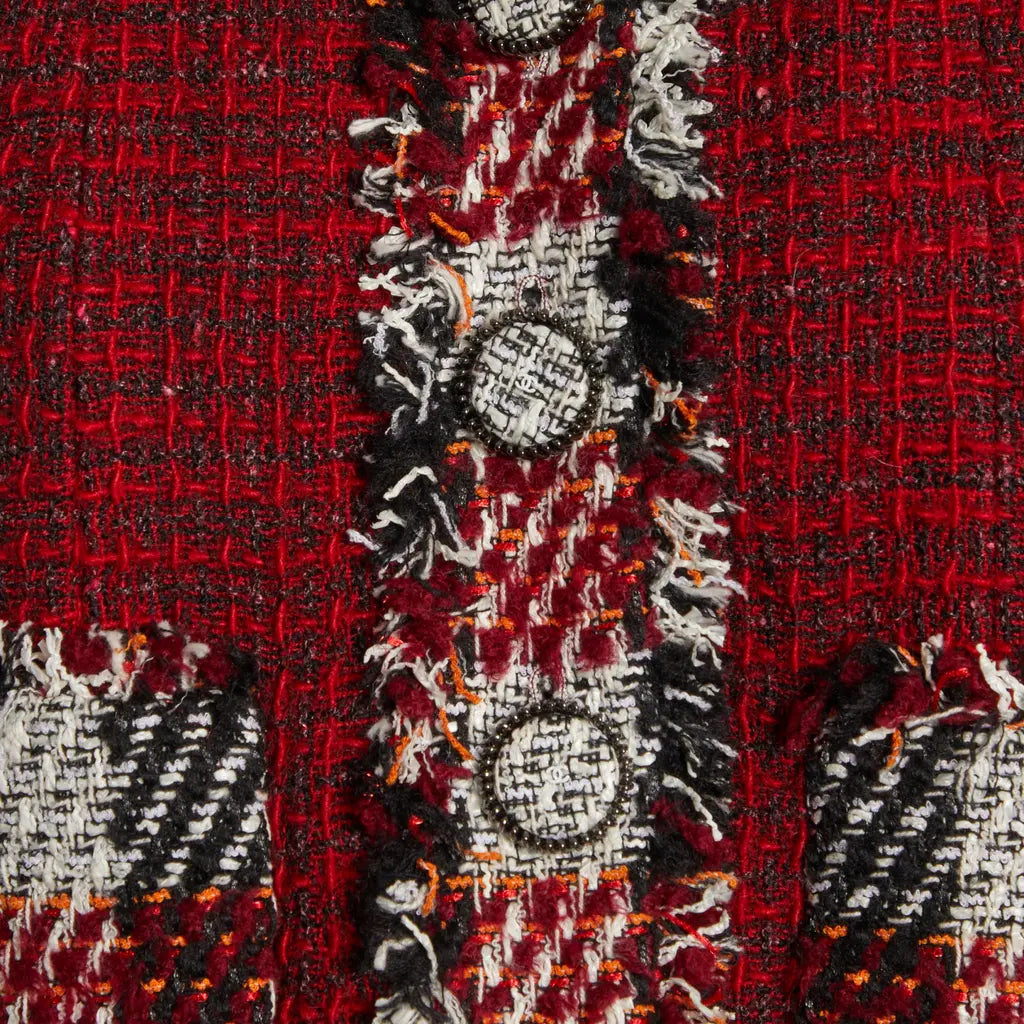 Chanel 16A Runway Burgundy Plaid Tweed Fringe Jacket FR 40