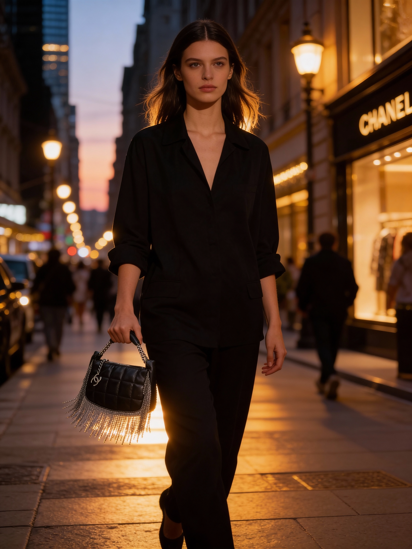 Rare Chanel 02A Mini Black Quilted Lambskin Silver CC Chain Fringe Bag