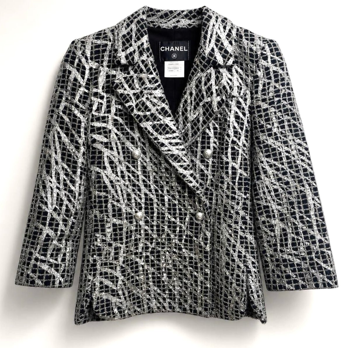 Chanel 12P Double Breasted Silver Metallic Graffiti Black Jacket FR 36
