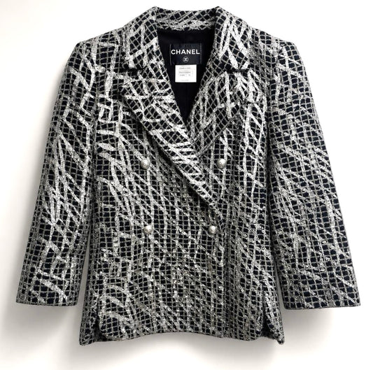 Chanel 12P Double Breasted Silver Metallic Graffiti Black Jacket FR 36