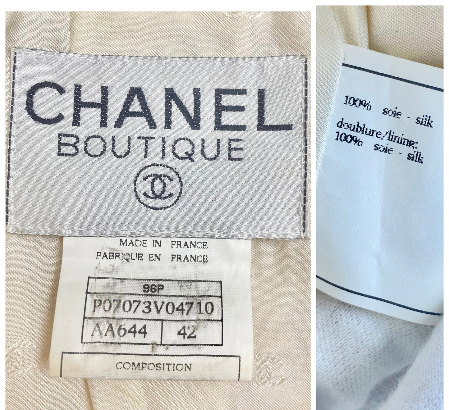 Vintage Chanel 96P Barbie Ivory Shantung Silk Sequin Beaded Pallets Jacket FR 42