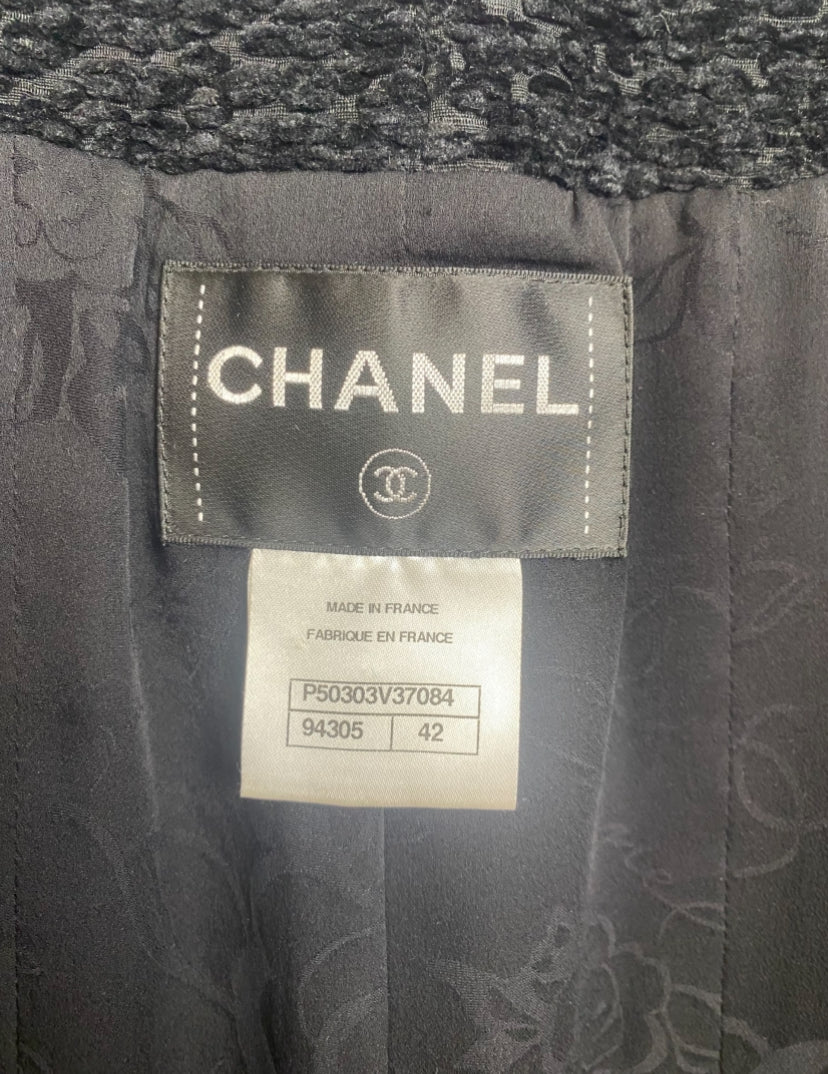 Chanel 14A Runway Supermarket Collection Black Boucle Silver Metallic Braided Trim Jacket 42