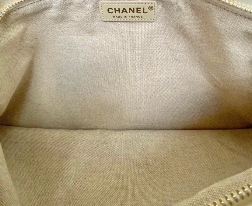 NWT Chanel 18C Greece XL Fold Over Clutch Striped Lambskin Canvas Bag