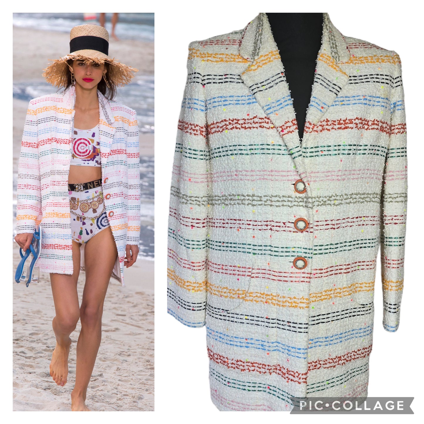Chanel 19P Runway Oversized Tweed White Striped Long Jacket Coat FR 38
