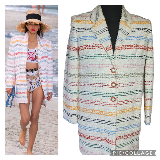 Chanel 19P Runway Oversized Tweed White Striped Long Jacket Coat FR 38