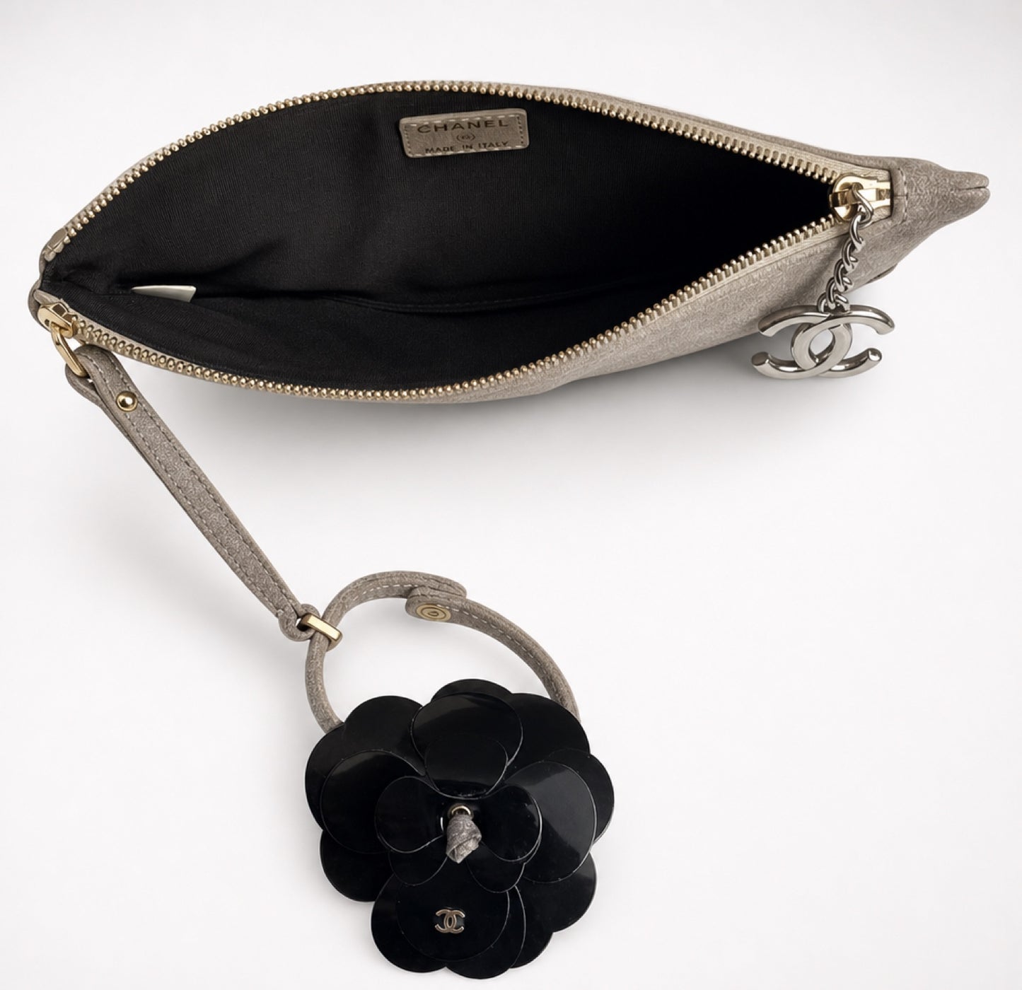 CHANEL TAUPE SUEDE LEATHER CAMELLIA BRACELET WRIST CLUTCH BAG