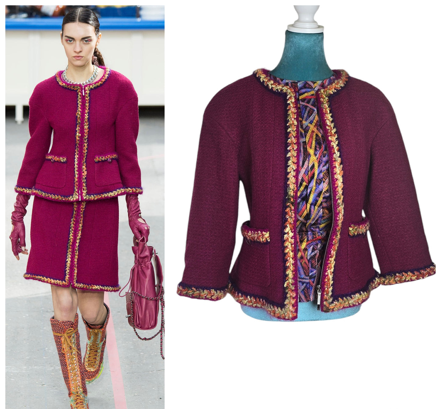 Chanel 14A Supermarket Collection Raspberry Jacket FR 38 and Multicolor Matching Silk Blouse SET FR 38