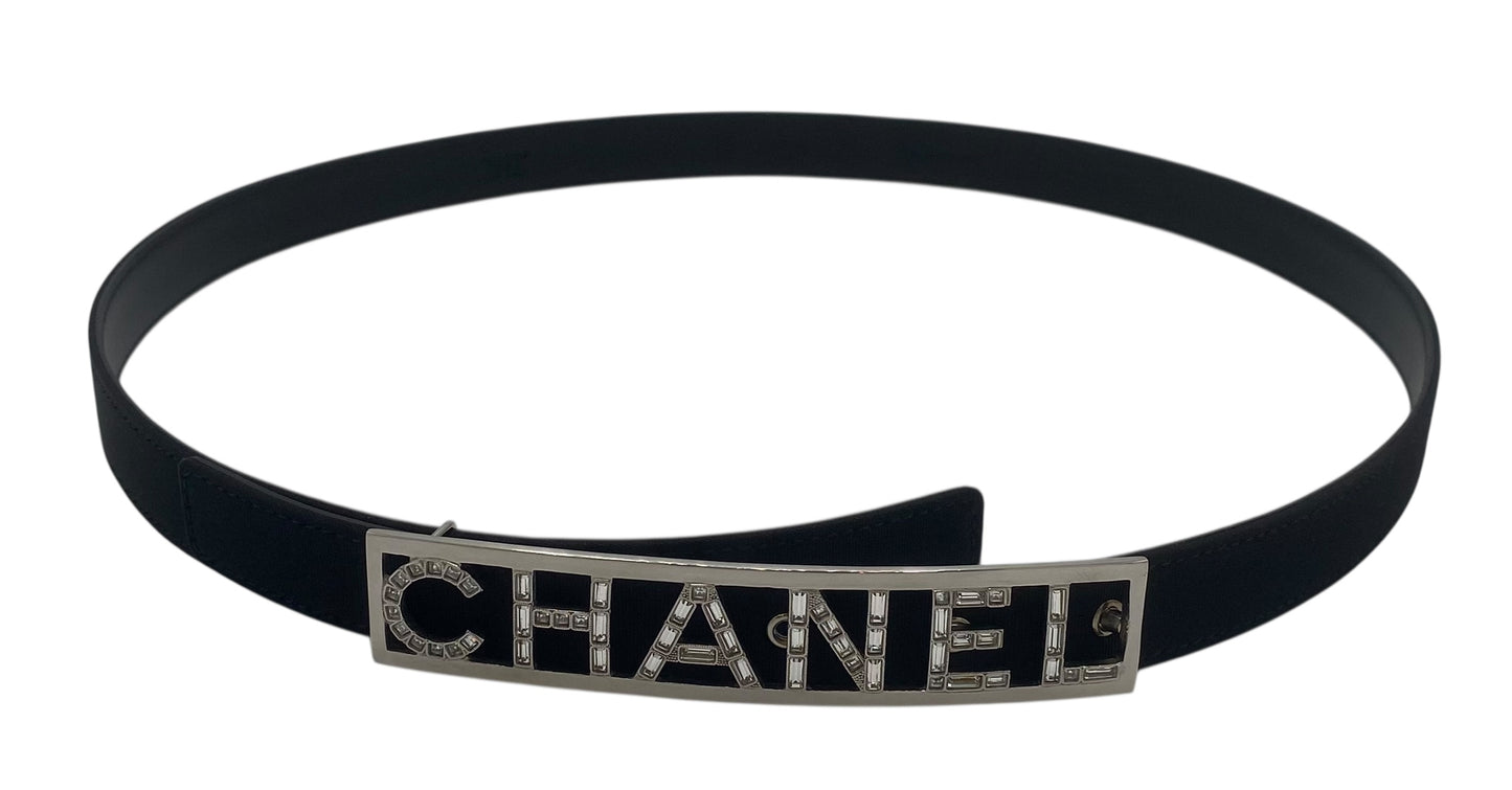 Chanel 15S Black Leather Grosgrain Crystal Letters Silver Buckle Belt Size 90/36