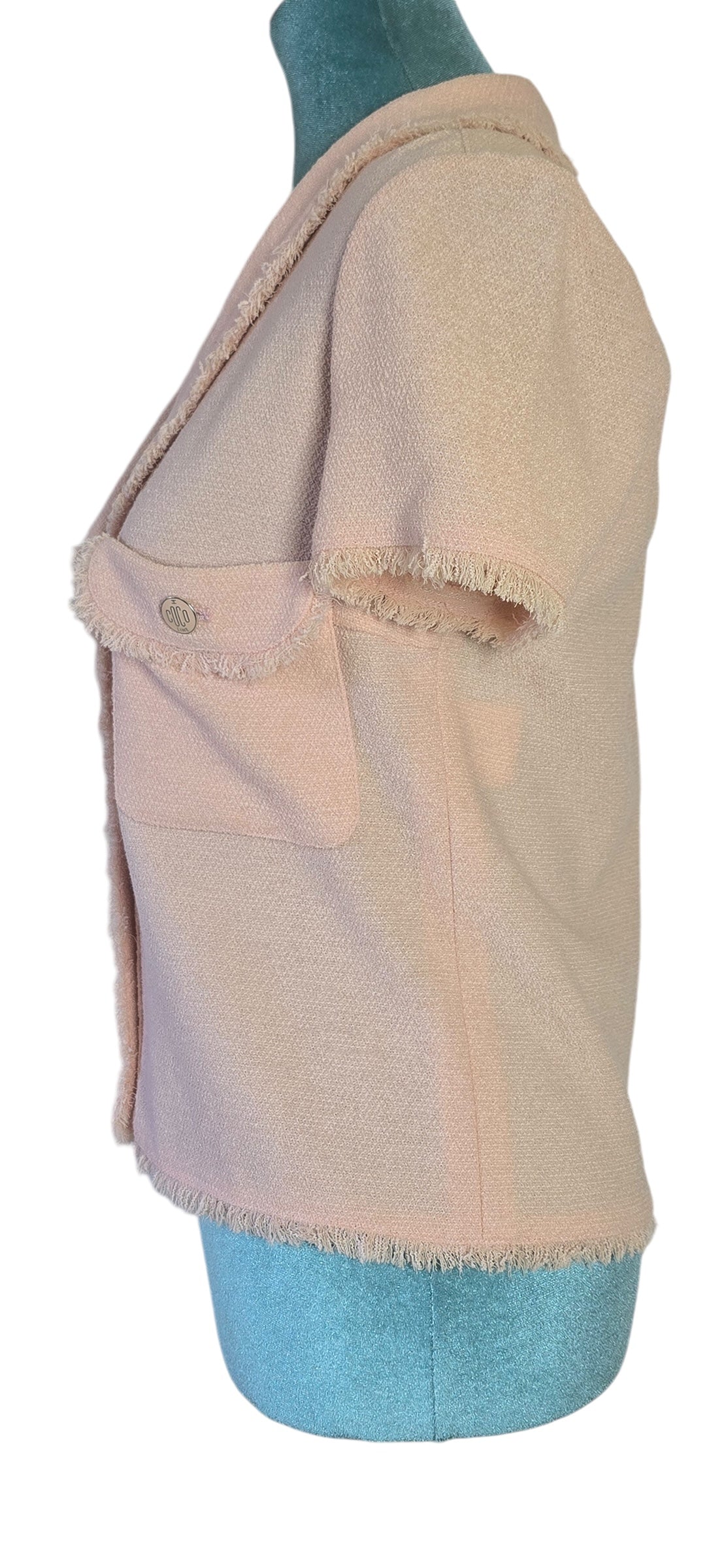 Chanel 2008 Runway Coco Line Pink Wool Boucle Short Sleeve Top Blouse Jacket FR 36