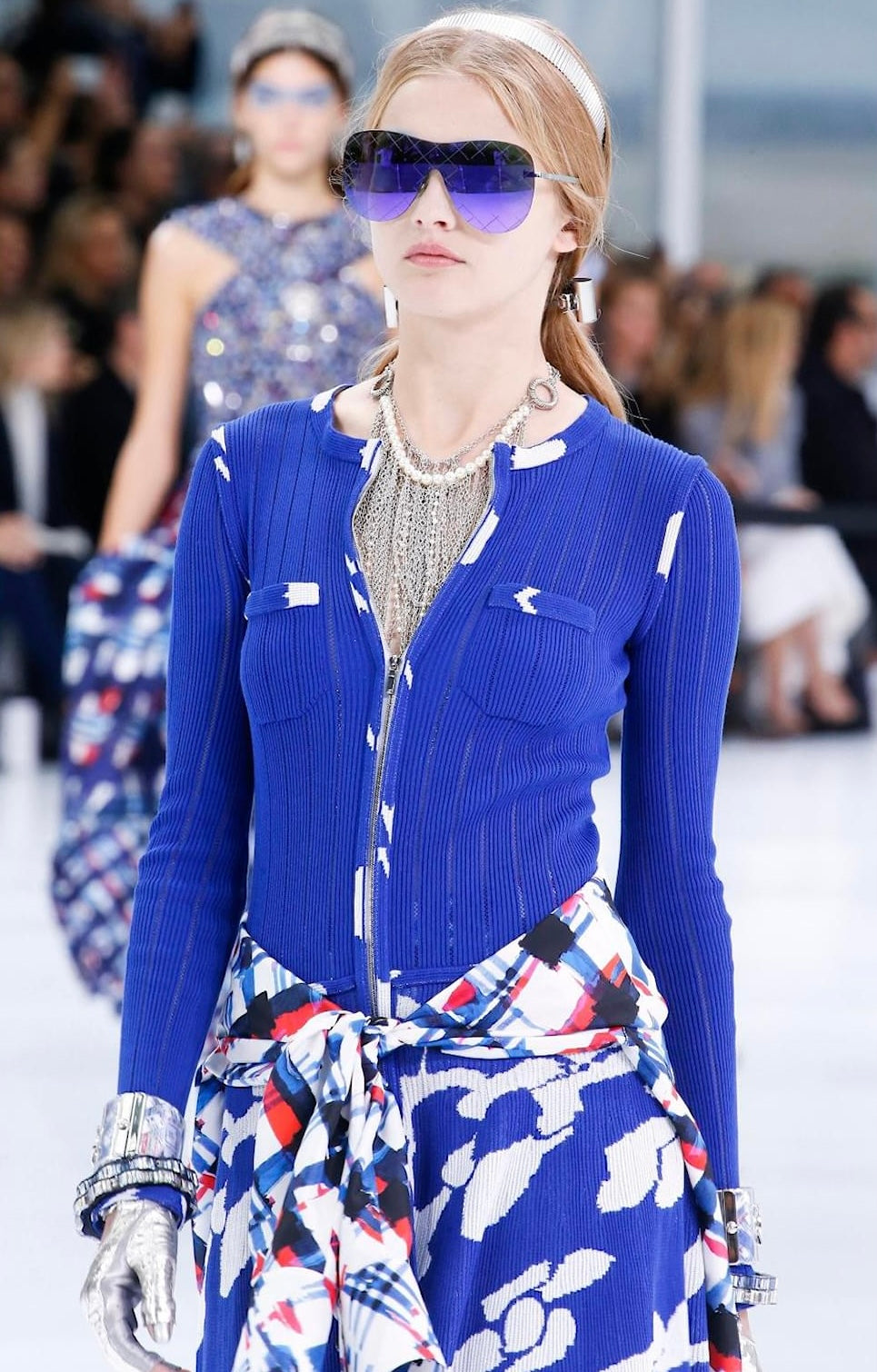 Chanel Airlines 2016 Runway Knit Midi Dress Baby Blue White Zipper Crew Neck FR 42