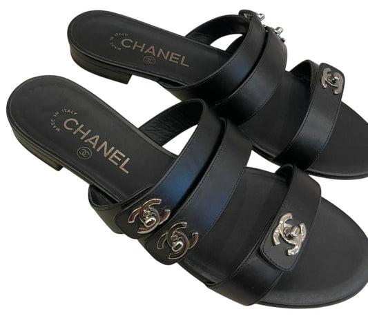 Chanel 2017 Black Calfskin CC Turnlock Mule Sandals EU 38C