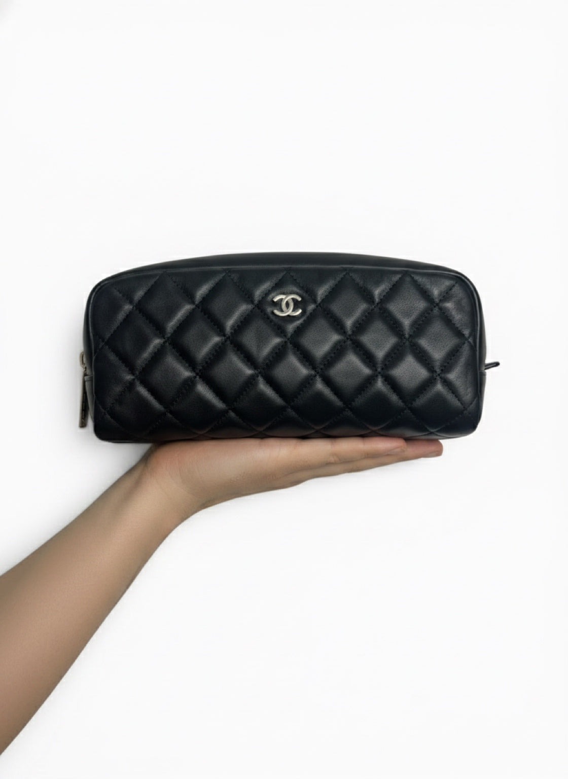 Chanel Black Lambskin Quilted Medium Rectangular Pouch Cosmetic Vanity Case Clutch