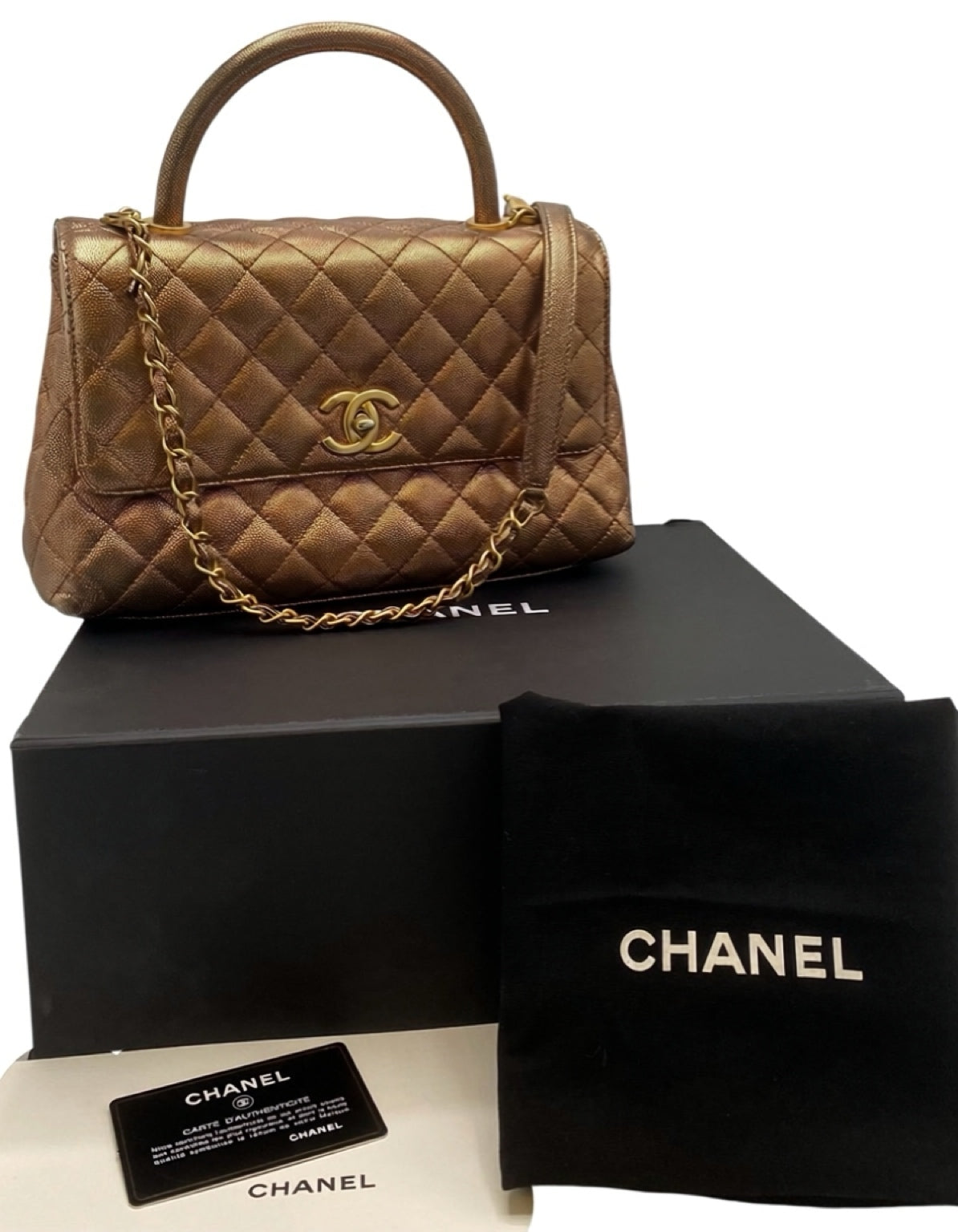Chanel 19A Medium Coco Handle Metallic Copper Caviar Timeless Bag