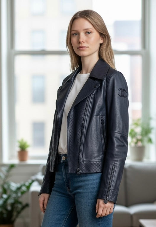 Chanel 12P Dark Blue Petrol Quilted Leather Biker Jacket FR 36
