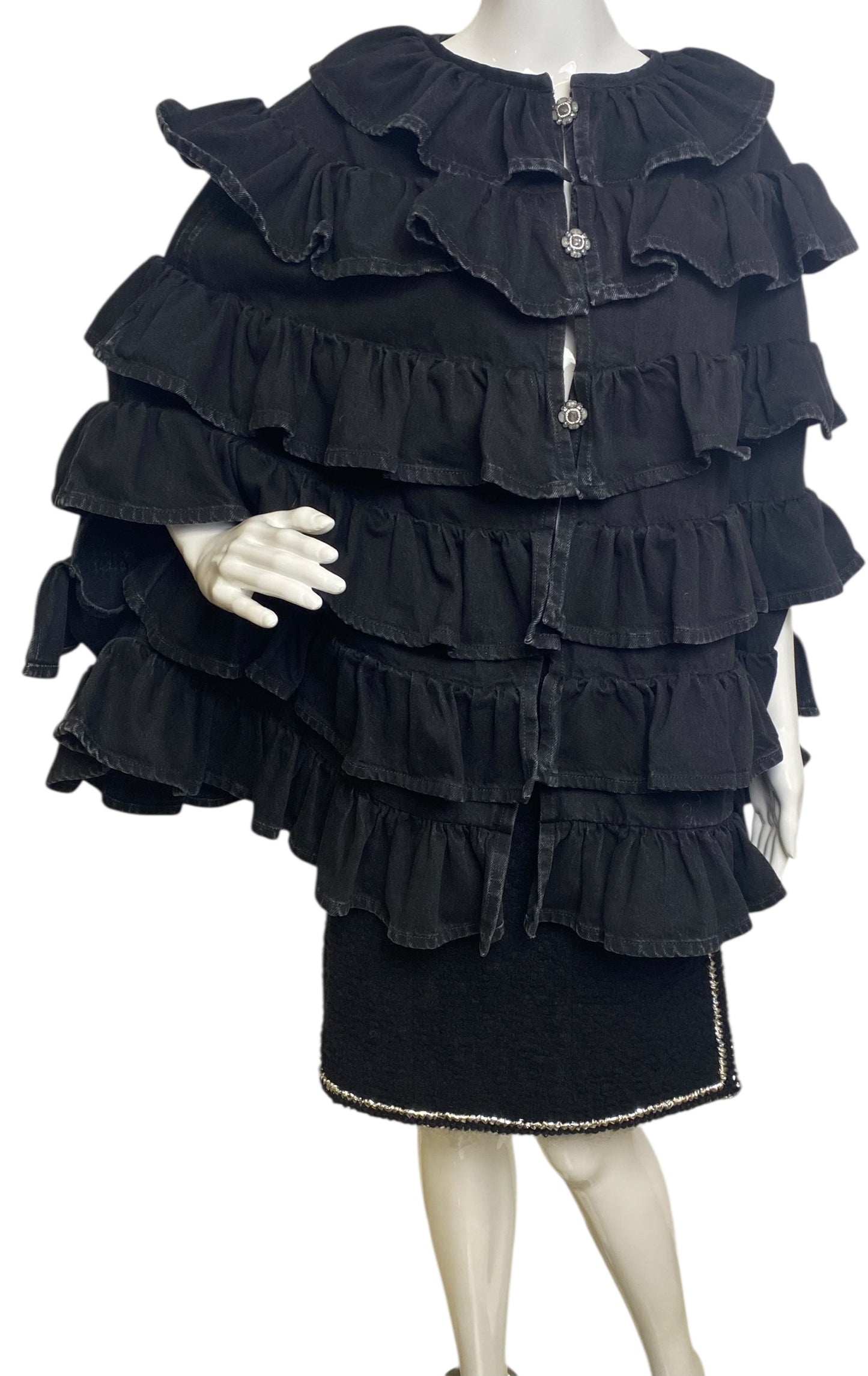 Chanel 24A Paris Manchester Black Denim Coat Jacket Cape FR 36