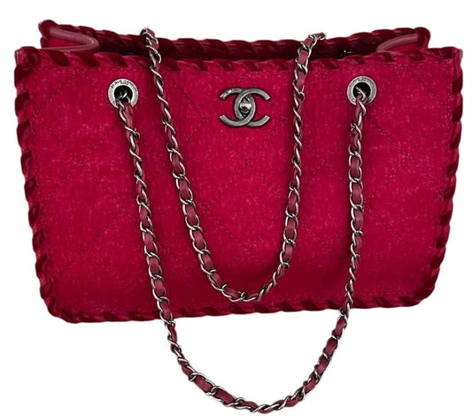 Chanel Medium Fancy Felt Raspberry Red Wool Shopping Tote Bag