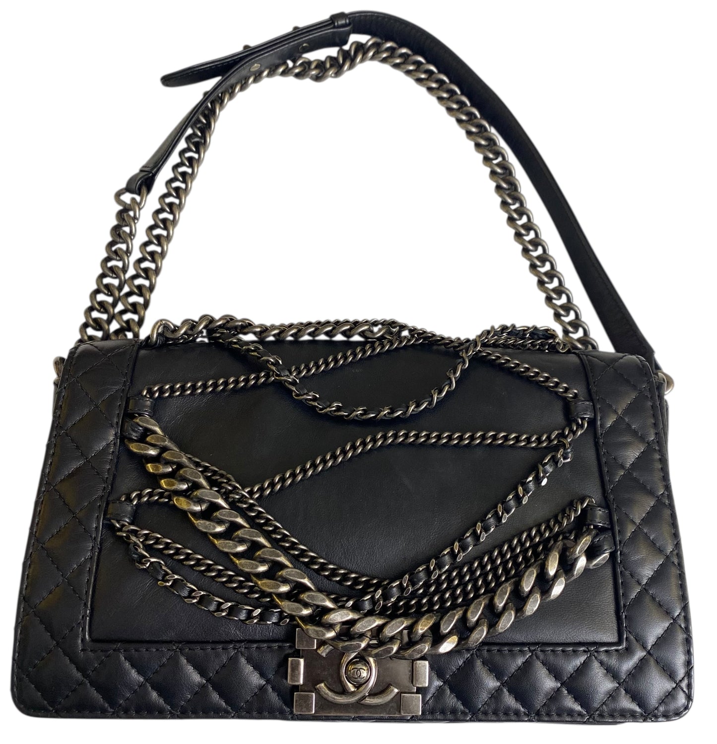 Chanel 13A Enchained Boy Bag Black Leather Old Medium Flap Bag