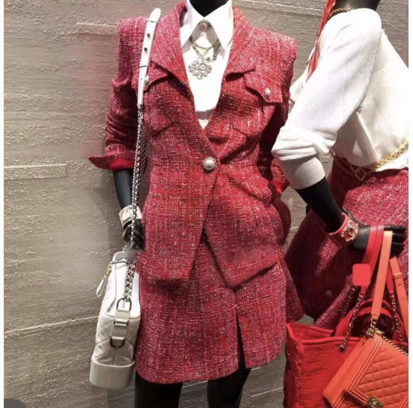 Chanel 19C La Pausa Red Tweed Pearl Jacket FR 38