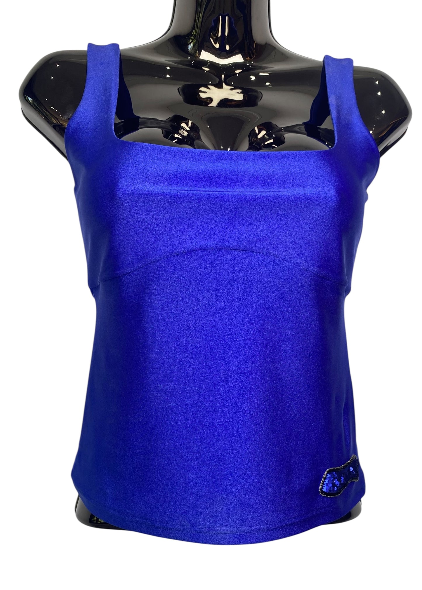 Chanel 21A Runway Royal Blue Sequin Logo Cropped Top Blouse FR 38
