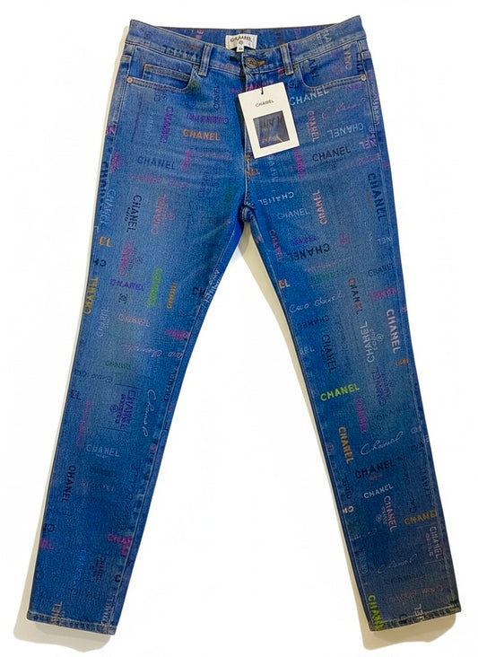 CHANEL 22P Blue & Multicolor Logo Printed Denim Jeans FR 40
