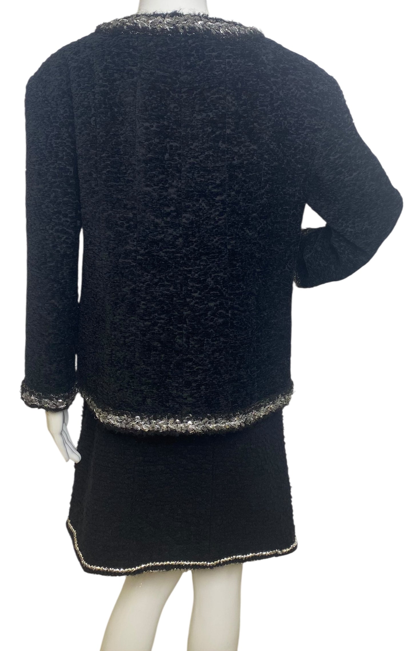 Chanel 14A Runway Supermarket Collection Black Boucle Silver Metallic Braided Trim Jacket 42