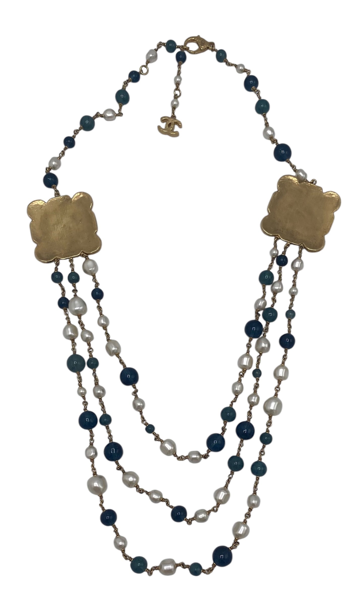 Chanel 11A Paris-Byzance 3 Strand Pearl Medallion Gold Green Blue Necklace/Belt