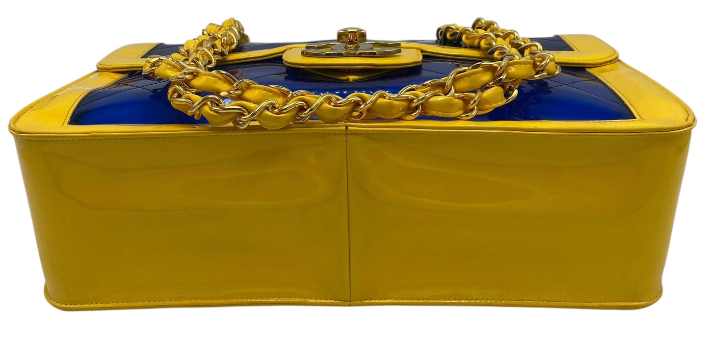 Chanel Ultra Rare 1995 Barbie Collection Yellow Blue Maxi PVC Vinyl Patent Flap Bag