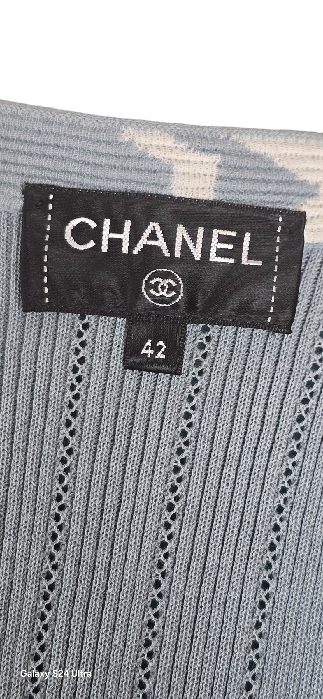 Chanel Airlines 2016 Runway Knit Midi Dress Baby Blue White Zipper Crew Neck FR 42