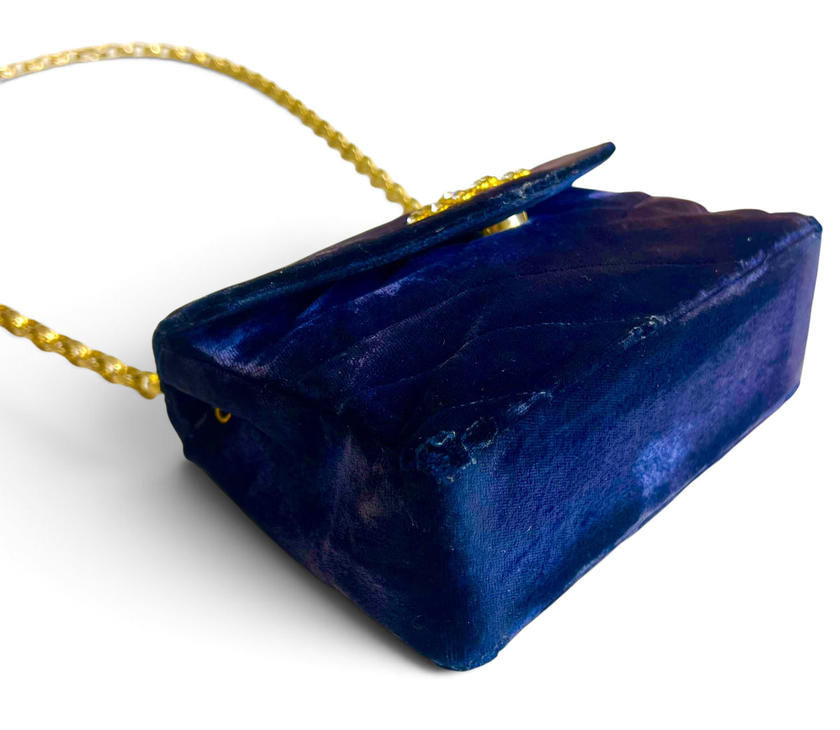 Vintage Chanel 1991-1994 Navy Blue Velvet Crystal 24K Bijoux Mini Square Chevron Classic Flap Bag