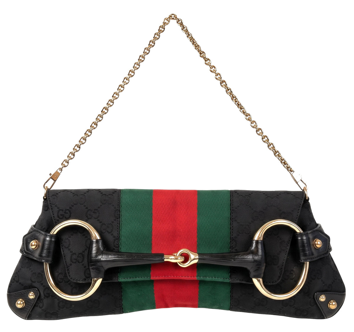 Gucci Large 1955 Tom Ford Classic Black Red Green GG Monogram Horsebit Clutch Handbag GHW